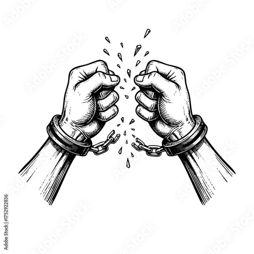Hands Breaking Handcuffs Freedom Engraving Vector Illustration