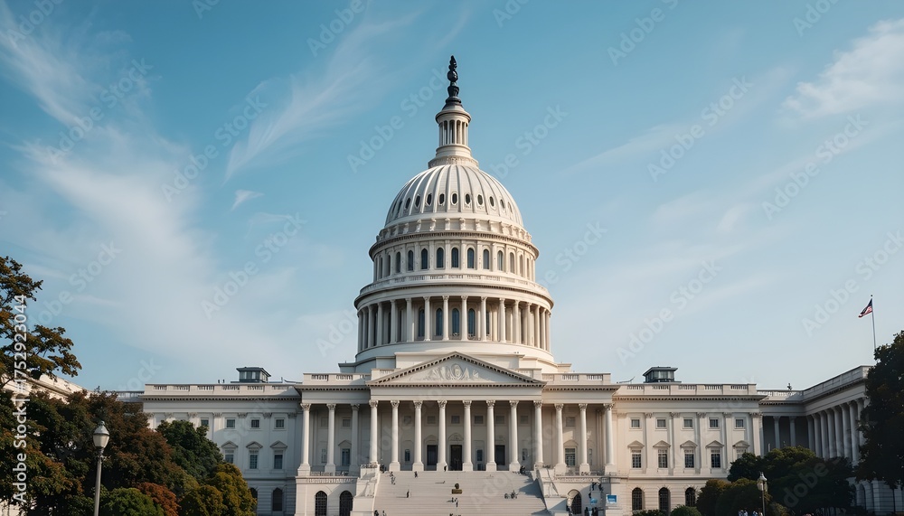 Fototapeta premium Majestic view of the United States Capitol Building under a clear blue sky, symbol of democracy and government in Washington D.C., showcasing neoclassical architecture and the iconic white dome 