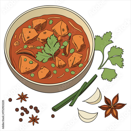 Paneer butter masala with spices, vector illustration