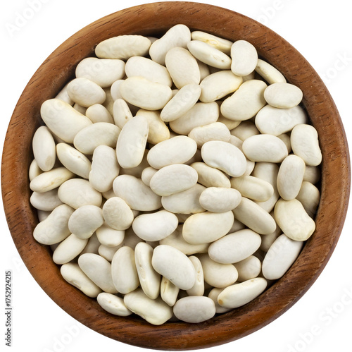 White beans in wooden bowl, top view
