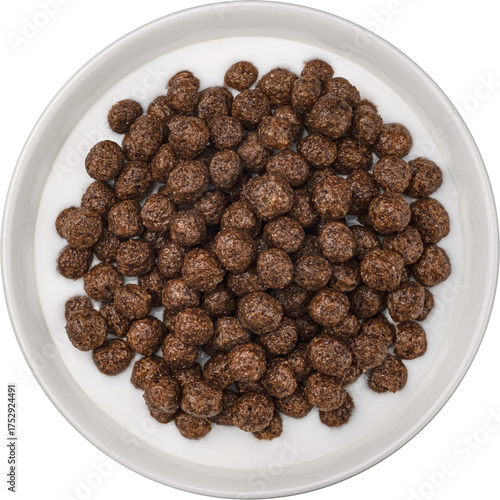 Chocolate corn balls with milk isolated, top view
