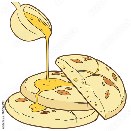 Pouring honey on pancake, vector illustration