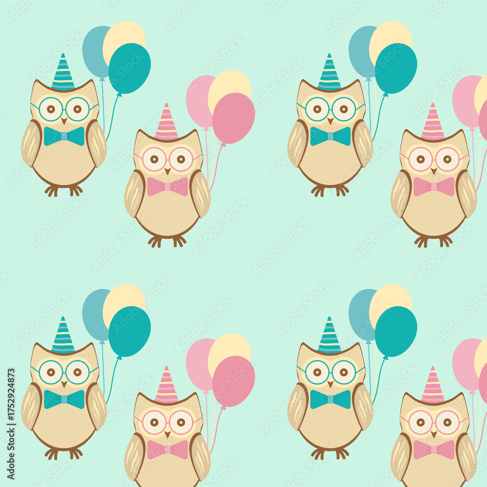 Naklejka premium Seamless Pattern of Owls with Balloons