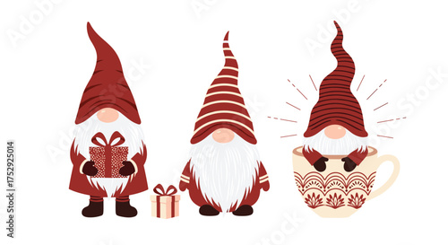 Three cute Christmas gnomes with gifts and a cup.