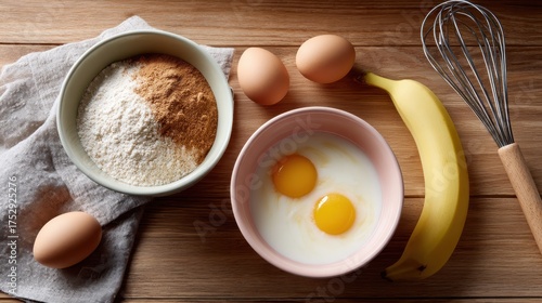 Overhead View Of Baking Ingredients Including Flour Eggs Milk And Banana With Whisk On Wooden Table