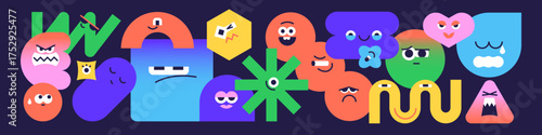 Composition of various geometric shapes with emotions on faces. Different figures- happy heart, sad square, crying, scared and angry circles, curves and lines. Flat isolated vector illustration