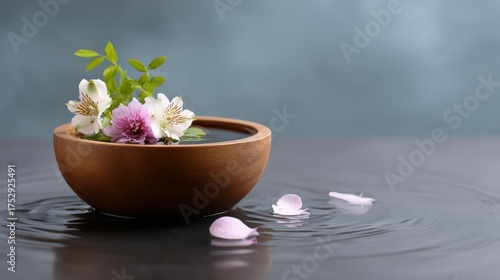 Small Bowl With Pink and White Flowers Floating On Rippling Water With Petals Scattered