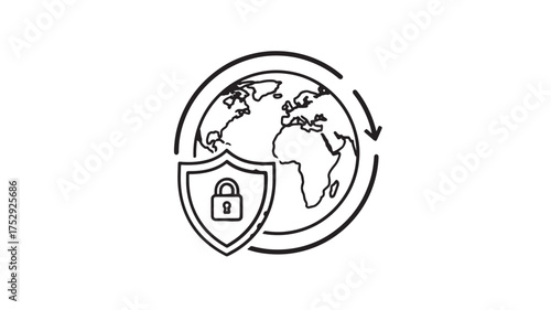 Global security icon line art vector illustration for data protection concept