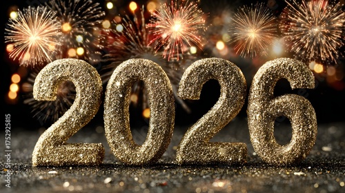 Wallpaper Mural Shiny 3D golden “2026” numbers with glowing fireworks and confetti raining down on a festive dark background Torontodigital.ca