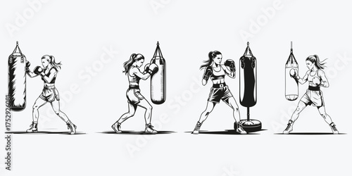 female boxer hits a punching bag sketch illustration vector set