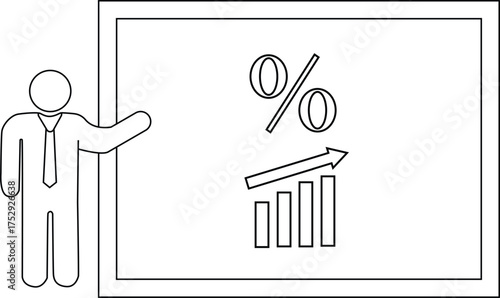 A figure gestures to a board showing a percentage symbol and a rising bar graph
