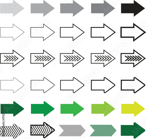Collection of diverse arrow shapes and styles in multiple colors and patterns for design projects
