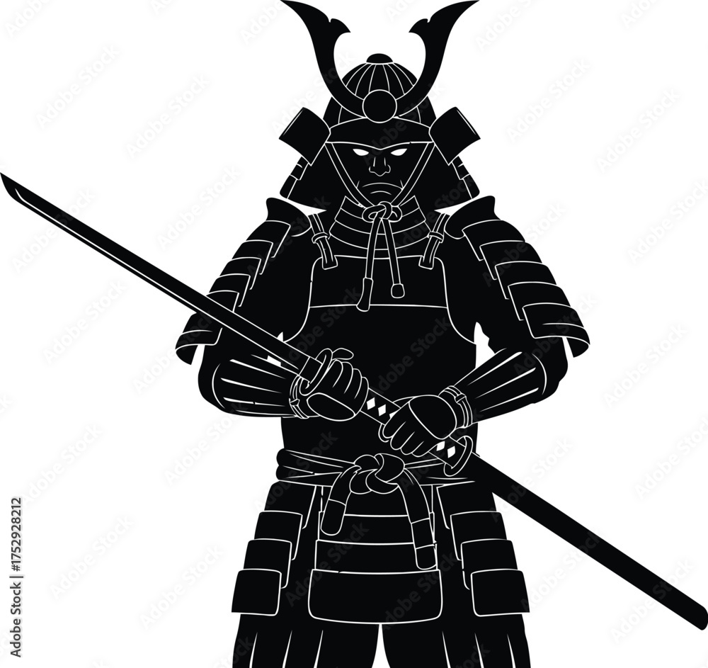 Obraz premium Illustration of a samurai warrior in black armor holding a katana sword on a white background art