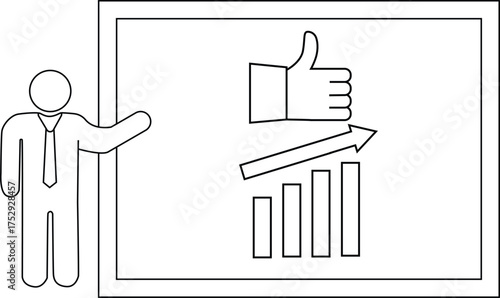 A person presents a chart showing positive growth with a thumbs up icon