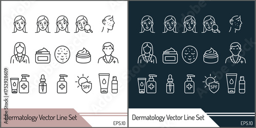 Dermatology skin care clinic and medicine vector line art icon set silhouette template design