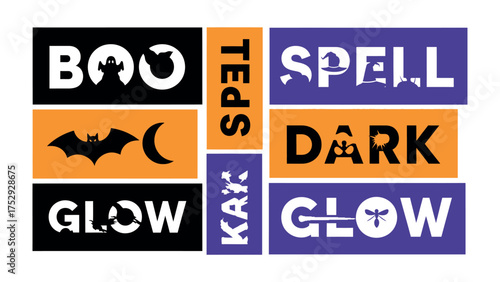 Halloween Decorations: A collection of creatively designed Halloween-themed stencils spells out chilling words, featuring spooky silhouette elements of bats, ghosts, and a starry night.