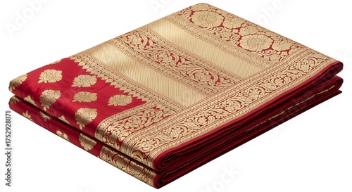 Luxurious traditional Indian red and gold silk saree fabric folded for commerce. isolated PNG with Transparent Background