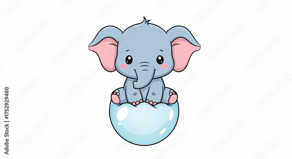 Fototapeta premium Cute Baby Elephant Sitting Inside Eggshell Cartoon Illustration
