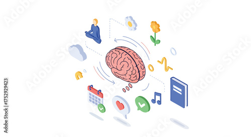 Brain processing information with meditation and learning, surrounded by symbols of creativity and knowledge, representing mental clarity and growth.