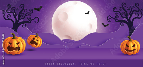 Halloween podium paper cut vector banner design. Happy Halloween violet podium stage with full moon, pumpkins character and pattern background for trick or treat party design. Vector illustration horr