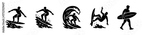 urfing silhouette icons ,wave ride, barrel, wipeout, surfer with board