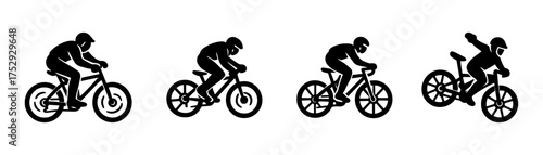 Cycling actions silhouette icons , road ride, sprint, climb, bunny hop, wheelie