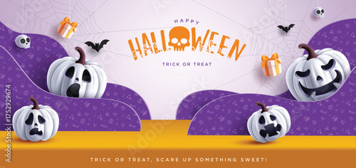 Halloween podium paper cut  vector banner design. Happy Halloween trick or treat greeting text with white pumpkins characters in podium stage paper cut background. Vector illustration horror