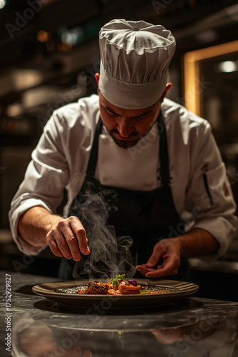 Wallpaper Mural Chef in clean kitchen plating freshly cooked dish with precision, steam softly rising, cinematic warm lighting emphasizing skill and professionalism, concept of culinary creativity, Torontodigital.ca