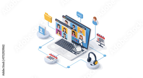 Laptop displaying a video conference connecting people working remotely, showcasing modern communication and collaboration in a digital work environment.