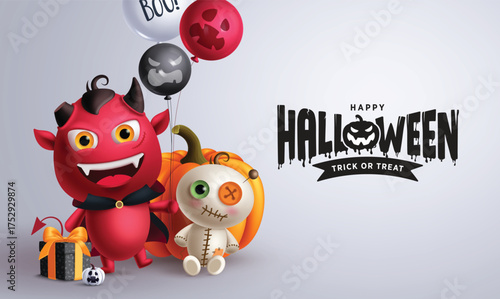 Halloween greeting text vector design. Happy Halloween trick or treat with cute demon holding balloons and scary mummy characters for horror invitation card design. Vector illustration.