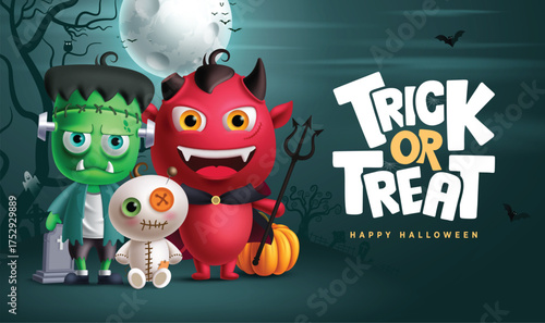 Trick or treat Halloween vector design. Happy Halloween and trick or treat greeting text with zombie, demon and mummy doll characters in night scary grave yard background. Vector illustration horror