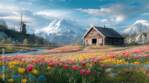 Picturesque mountain landscape with wildflowers house and windmill