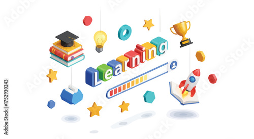 Isometric learning concept shows progress bar filling up with knowledge, represented by books, graduation cap, and rocket, symbolizing educational journey and success.