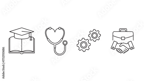 Set of career icons minimalist line vector symbols for education healthcare business isola