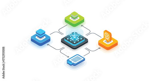 Isometric digital nodes connecting in a network on a white surface, representing data flow and communication in a modern, technological setting.