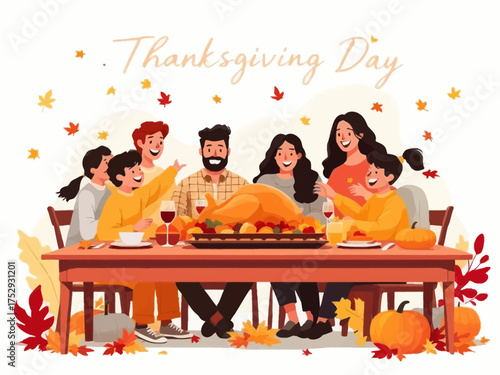 Family celebrating Thanksgiving Day with a roasted turkey on the table.