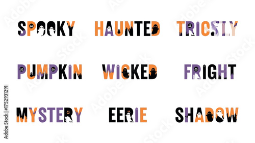 Halloween Text Elements: A collection of spooky word art, perfect for any Halloween-themed project. Each word is designed with thematic elements.