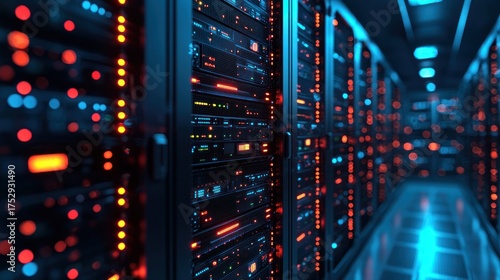 Illuminated Server Room with Rows of Racks and Blinking Lights.