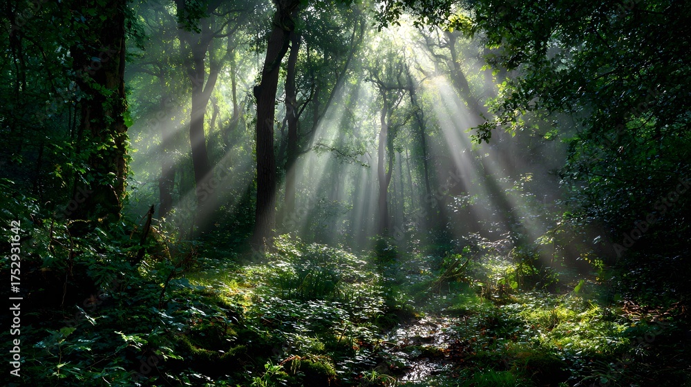 Obraz premium Sunbeams stream through a verdant forest canopy onto a lush undergrowth.