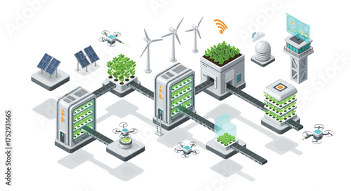 Automated vertical farm system using renewable energy sources to grow crops in a sustainable and efficient manner, promoting food security and environmental responsibility.