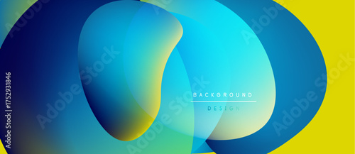 Abstract fluid shapes overlap, creating vibrant color gradients. Yellow background complements blue, turquoise hues. Modern design element.