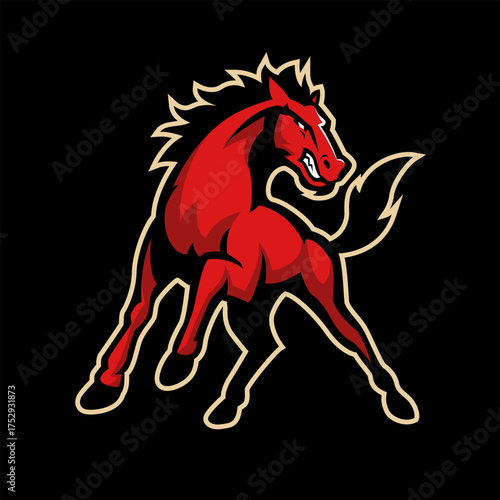 Red Horse Mascot Logo with Menacing Expression on a Black Backdrop, Sport Team Emblem