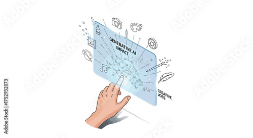 Hand interacts with generative ai interface displaying various creative elements in a futuristic, technological setting, showcasing innovation and potential.