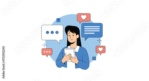 Woman holding tablet interacting with social media through messages and likes in a modern digital world, showcasing connectivity and communication.