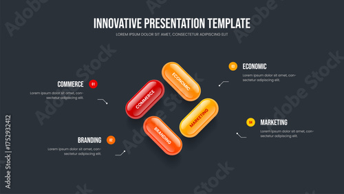 Digital Portfolio 4 Option Diagram Presentation Template. Enterprise Analysis Four Element Infographic Frame Layout. Professional Overview Slide Design Vector Illustration.