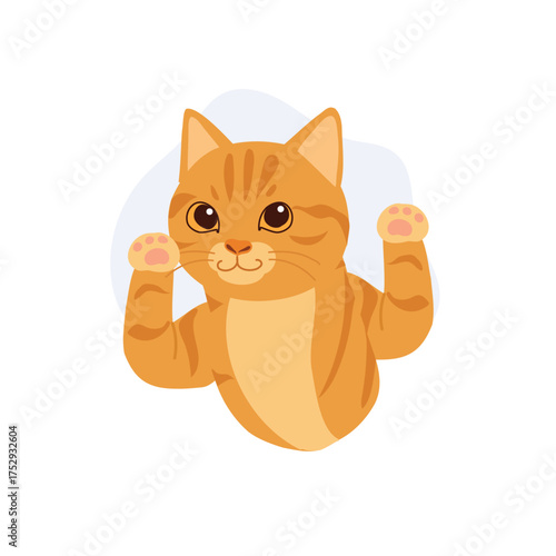 a cute orange tabby cat raising both paws in a friendly gesture.  for children poster sticker or digital art use