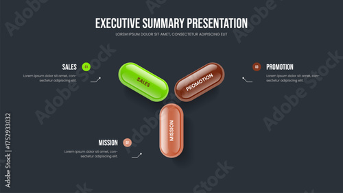 Modern Strategy Presentation Template Vector Illustration. Marketing Report Three Step Diagram Slideshow Layout. Consulting Innovation 3 Element Infographic Frame Design.
