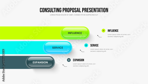 Market Overview 3 Step Infographic Presentation Template. Advertising Briefing Frame Design Vector Illustration. Financial Campaign Three Option Diagram Slide Layout.