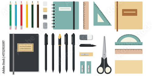 Flat lay illustration of essential school and office stationery items, featuring notebooks, pens, pencils, rulers, and scissors, perfect for educational, creative, and professional design projects