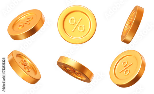 3D set golden coins with percent sign. Round discount icon with different angles.  Stock vector illustration on isolated background.	
